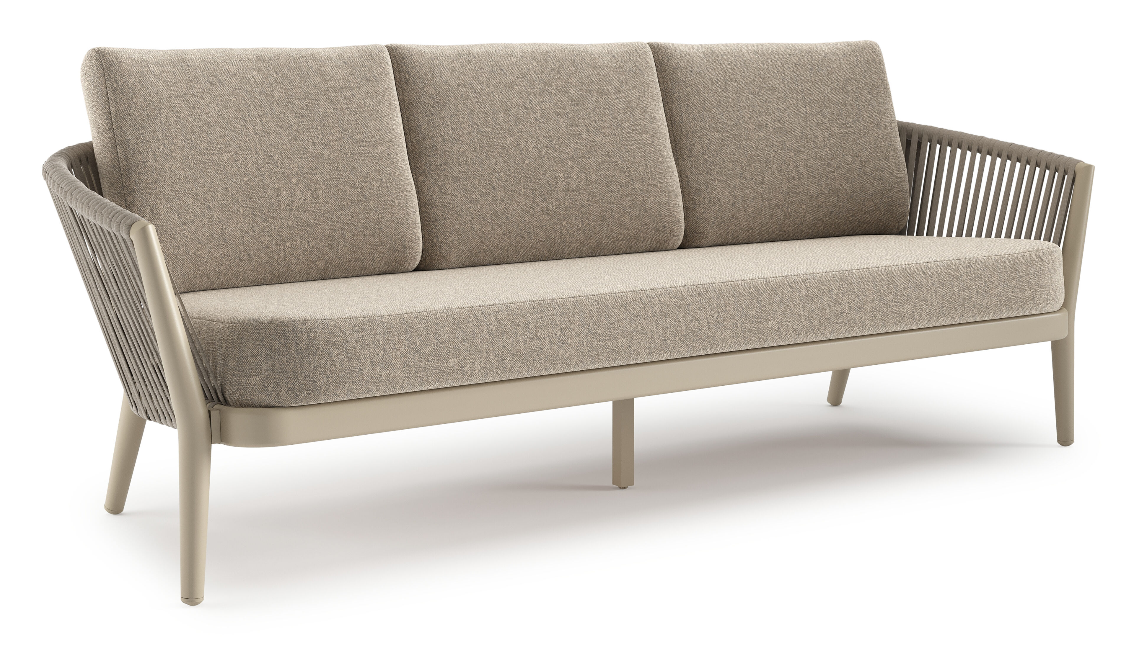 Orso loungebank in beige aluminium en beige verticaal geweven luxe vlakke rope met Chartres Pewter all weather sunbrella® luxe kussen
