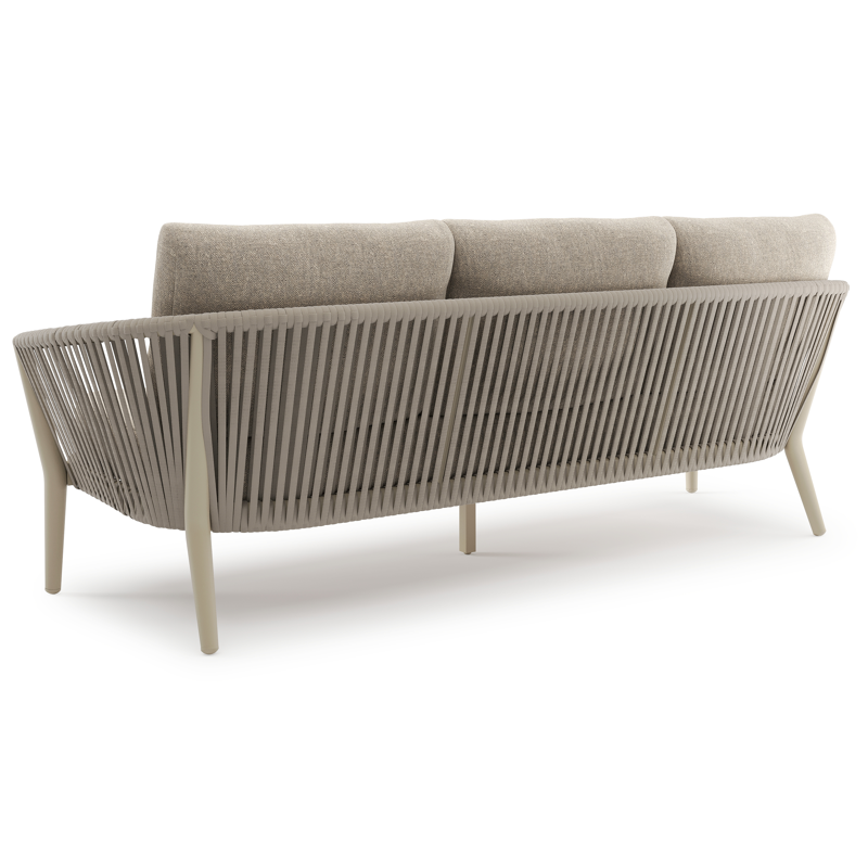 Canapé de jardin Orso en aluminium beige en corde luxe plate tissée verticalement beige et coussins en all weather sunbrella® luxe Chartres Pewter
