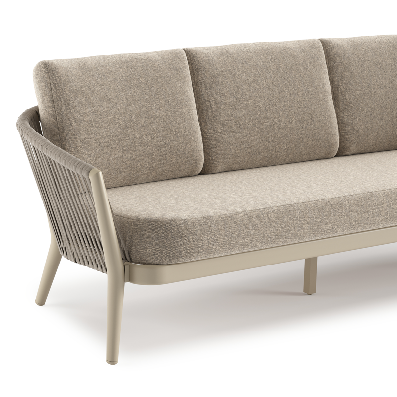 Canapé de jardin Orso en aluminium beige en corde luxe plate tissée verticalement beige et coussins en all weather sunbrella® luxe Chartres Pewter