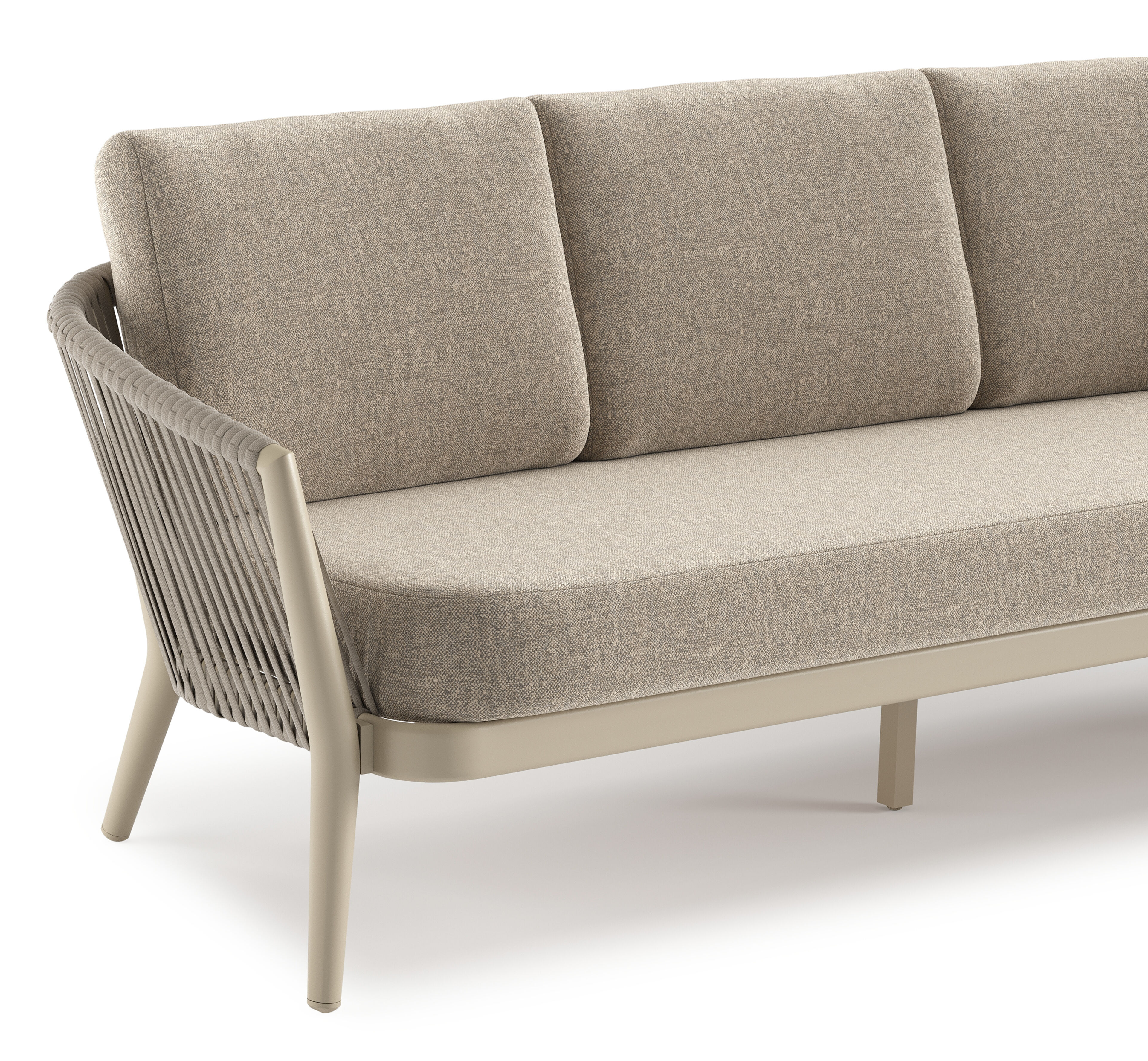 Orso loungebank in beige aluminium en beige verticaal geweven luxe vlakke rope met Chartres Pewter all weather sunbrella® luxe kussen
