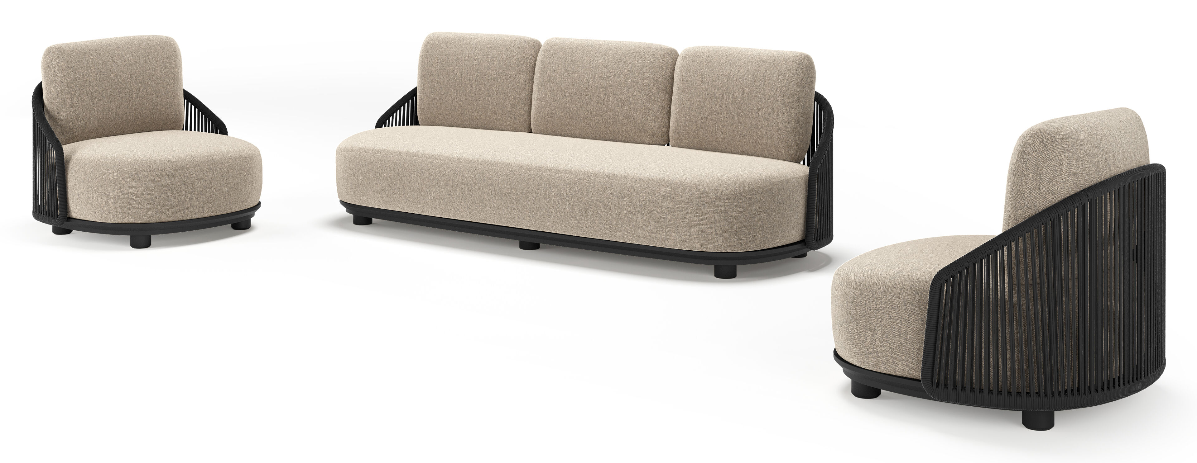 Salon de jardin Vadelo en aluminium noir et corde ronde tissée verticalement noir et coussins en all weather sunbrella® luxe chartres pewter