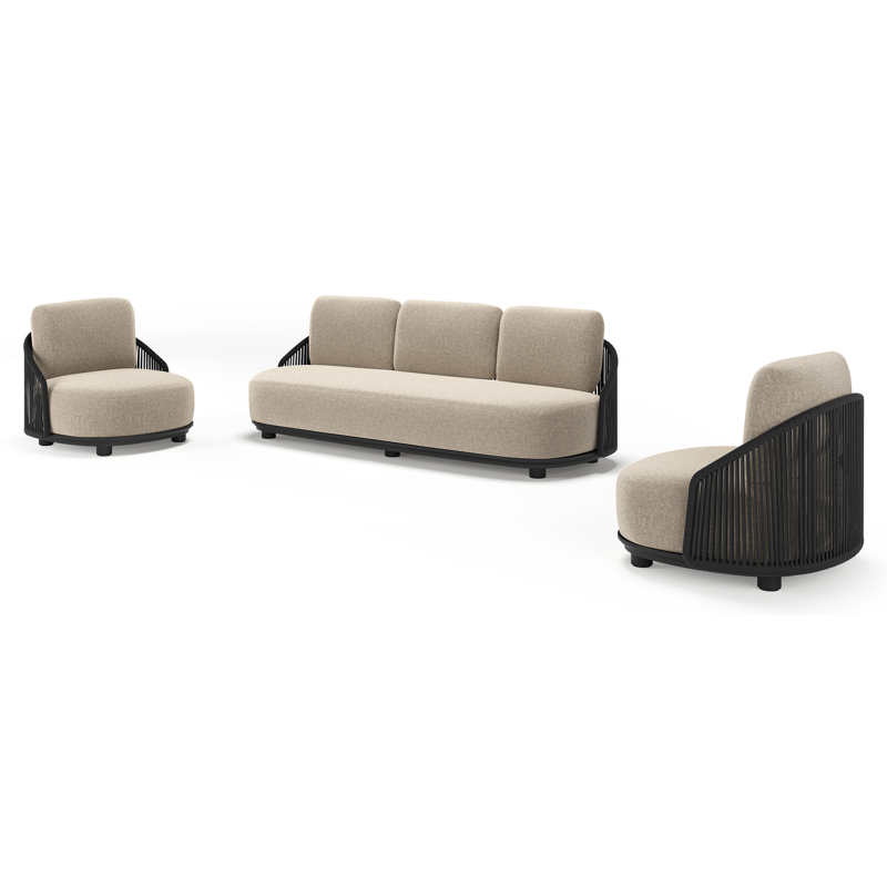 Salon de jardin Vadelo en aluminium noir et corde ronde tissée verticalement noir et coussins en all weather sunbrella® luxe chartres pewter