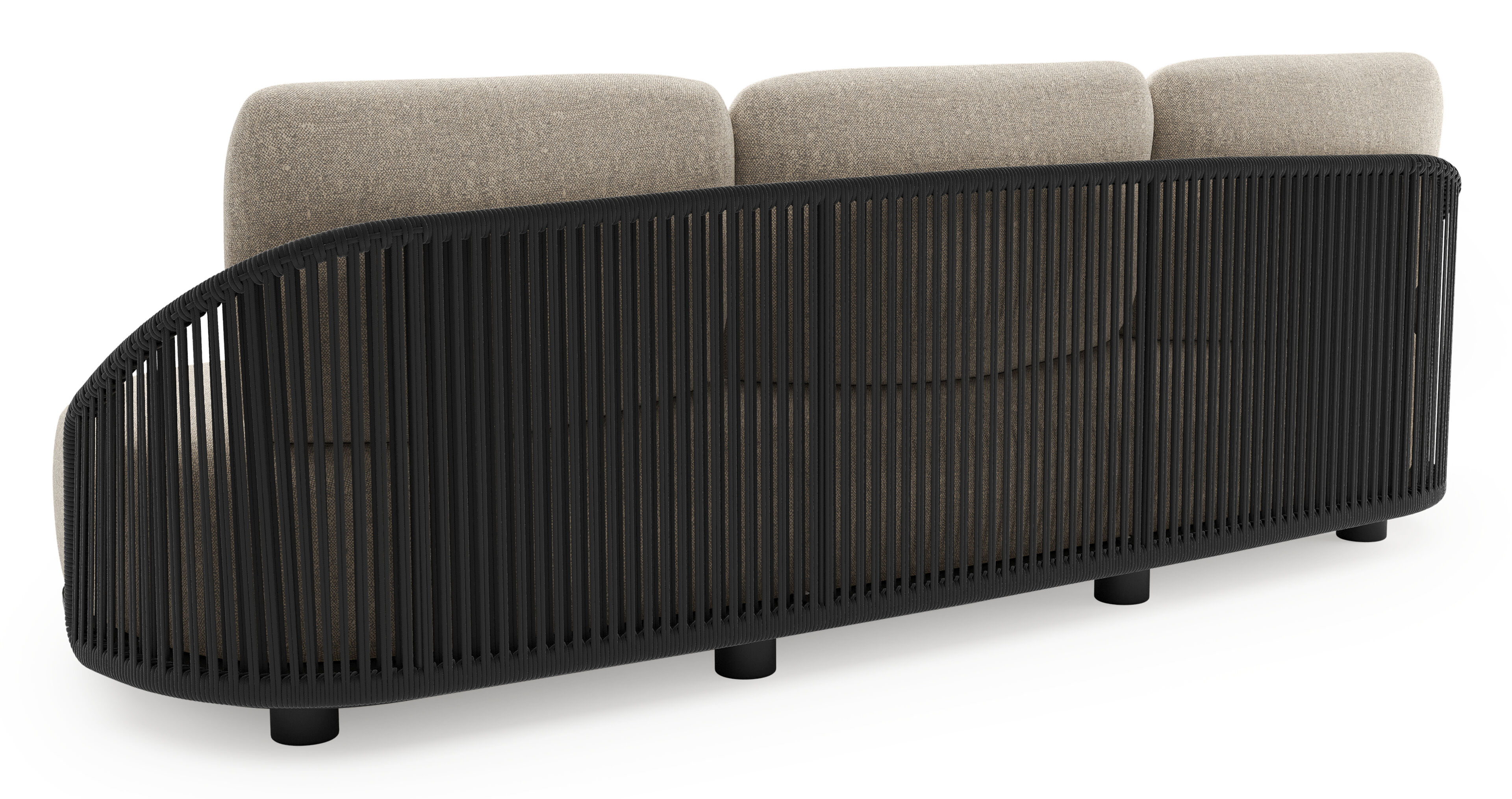 Salon de jardin Vadelo en aluminium noir et corde ronde tissée verticalement noir et coussins en all weather sunbrella® luxe chartres pewter