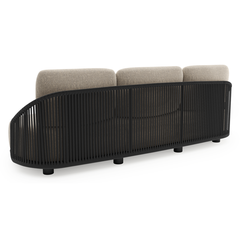 Salon de jardin Vadelo en aluminium noir et corde ronde tissée verticalement noir et coussins en all weather sunbrella® luxe chartres pewter
