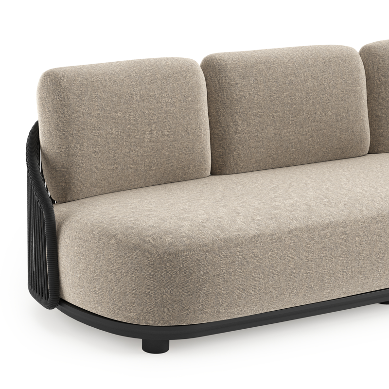 Salon de jardin Vadelo en aluminium noir et corde ronde tissée verticalement noir et coussins en all weather sunbrella® luxe chartres pewter