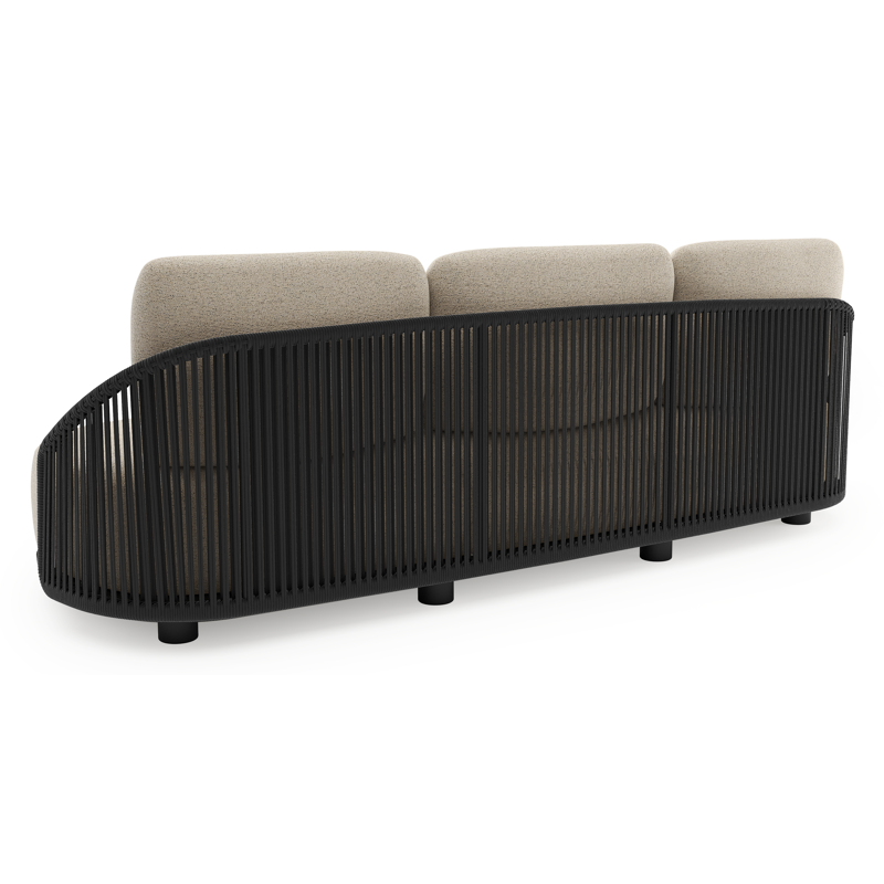 Salon de jardin Vadelo en aluminium noir et corde ronde tissée verticalement noir et coussins en all weather cosytica marbella beige