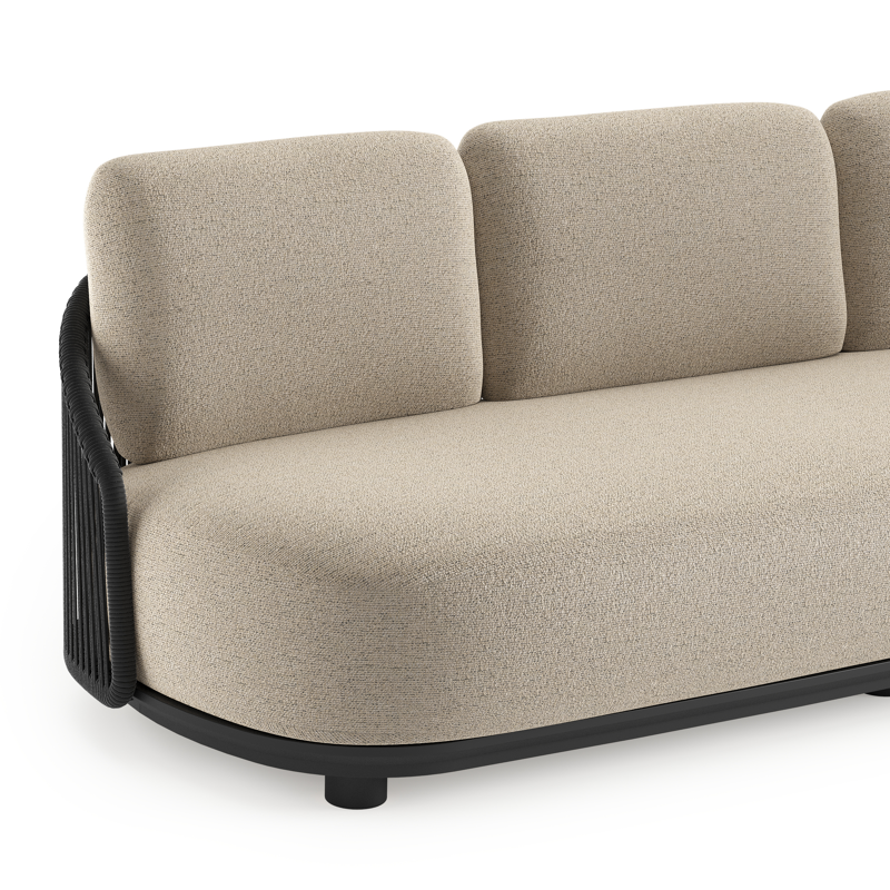 Salon de jardin Vadelo en aluminium noir et corde ronde tissée verticalement noir et coussins en all weather cosytica marbella beige