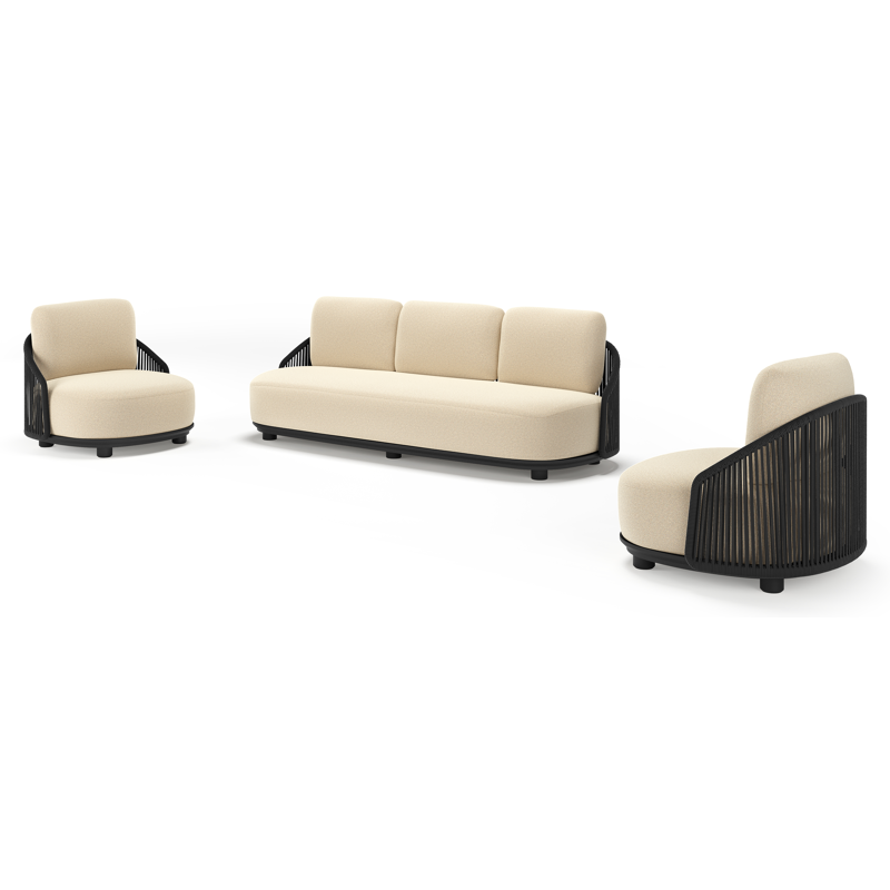 Salon de jardin Vadelo en aluminium noir et corde ronde tissée verticalement noir et coussins en all weather solica soul papyrus