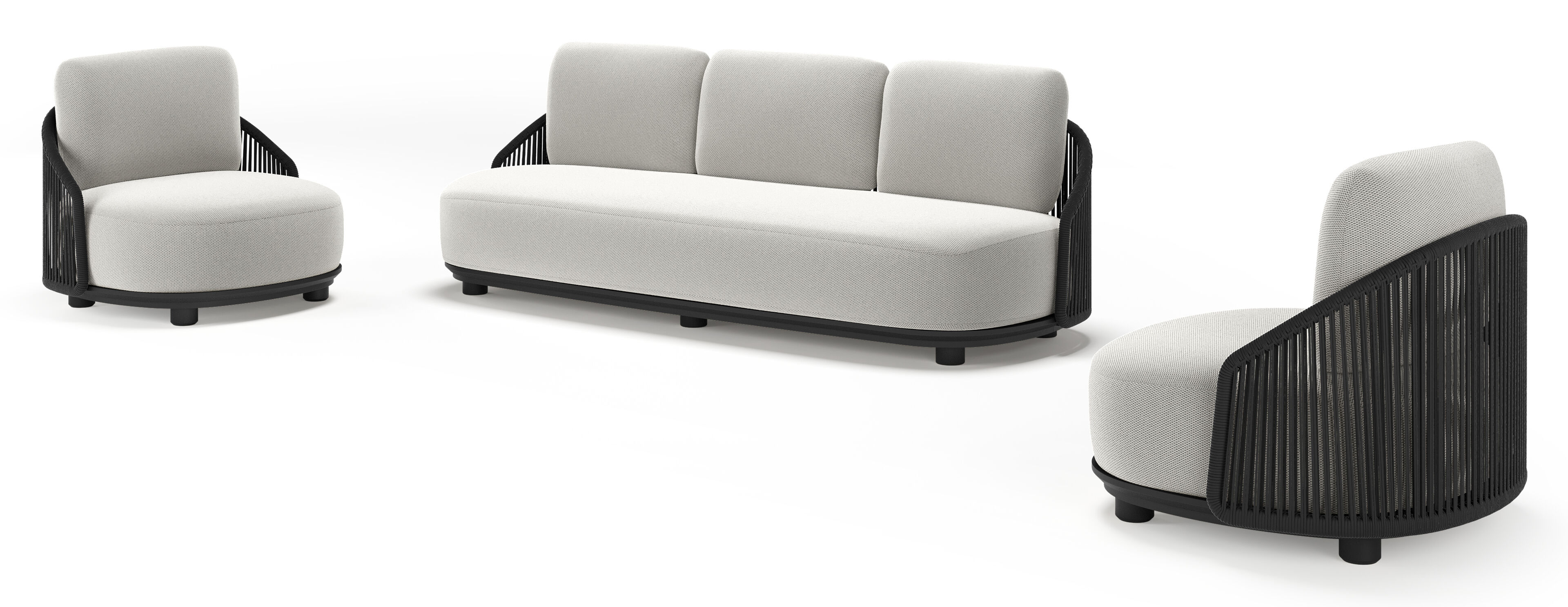 Salon de jardin Vadelo en aluminium noir et corde ronde tissée verticalement noir et coussins en all weather sunbrella® luxe lopi ash
