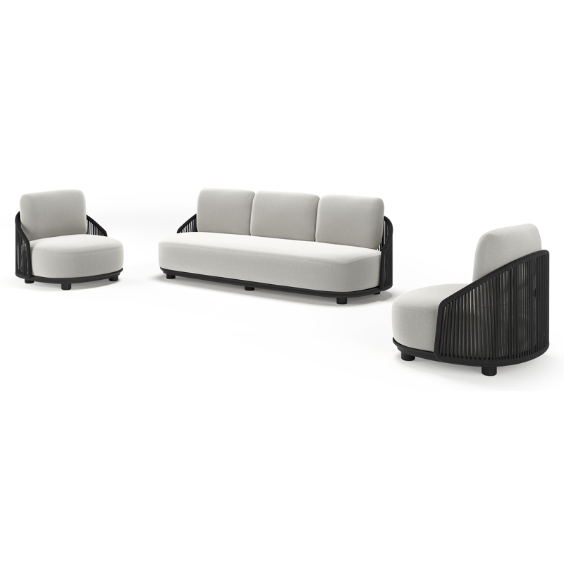 Salon de jardin Vadelo en aluminium noir et corde ronde tissée verticalement noir et coussins en all weather sunbrella® luxe lopi ash