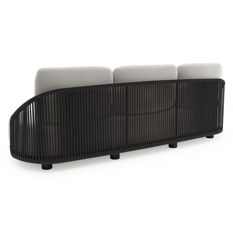 Salon de jardin Vadelo en aluminium noir et corde ronde tissée verticalement noir et coussins en all weather sunbrella® luxe lopi ash