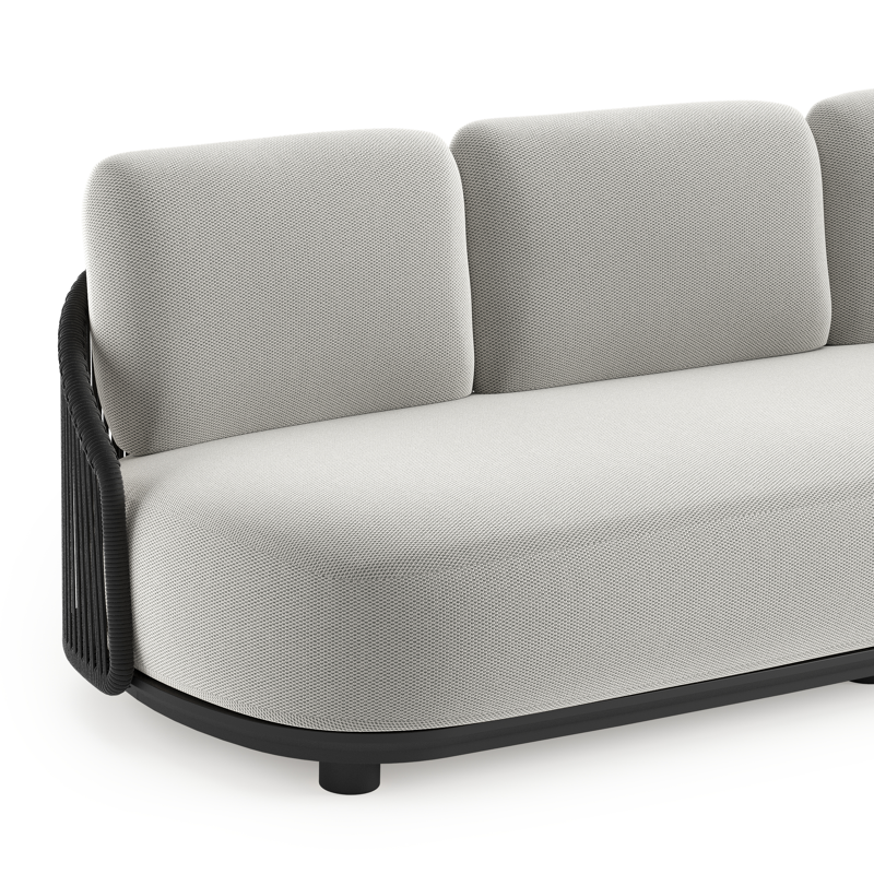 Salon de jardin Vadelo en aluminium noir et corde ronde tissée verticalement noir et coussins en all weather sunbrella® luxe lopi ash