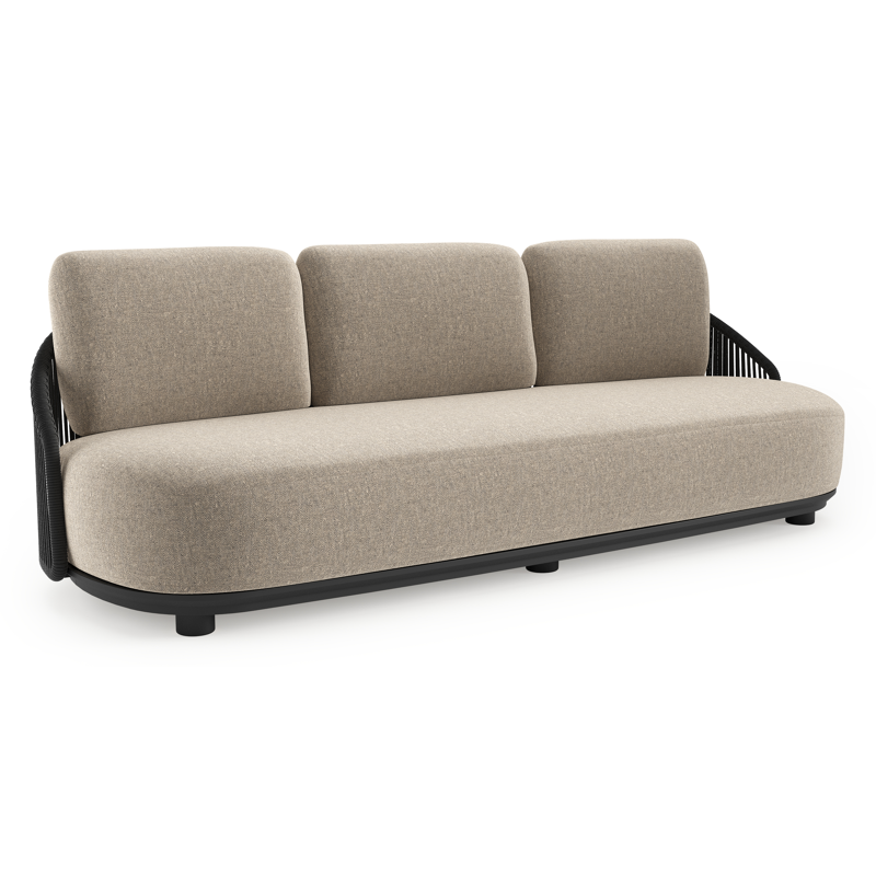 Vadelo loungebank in zwart aluminium en zwart verticaal geweven ronde rope met chartres pewter all weather sunbrella® luxe kussen