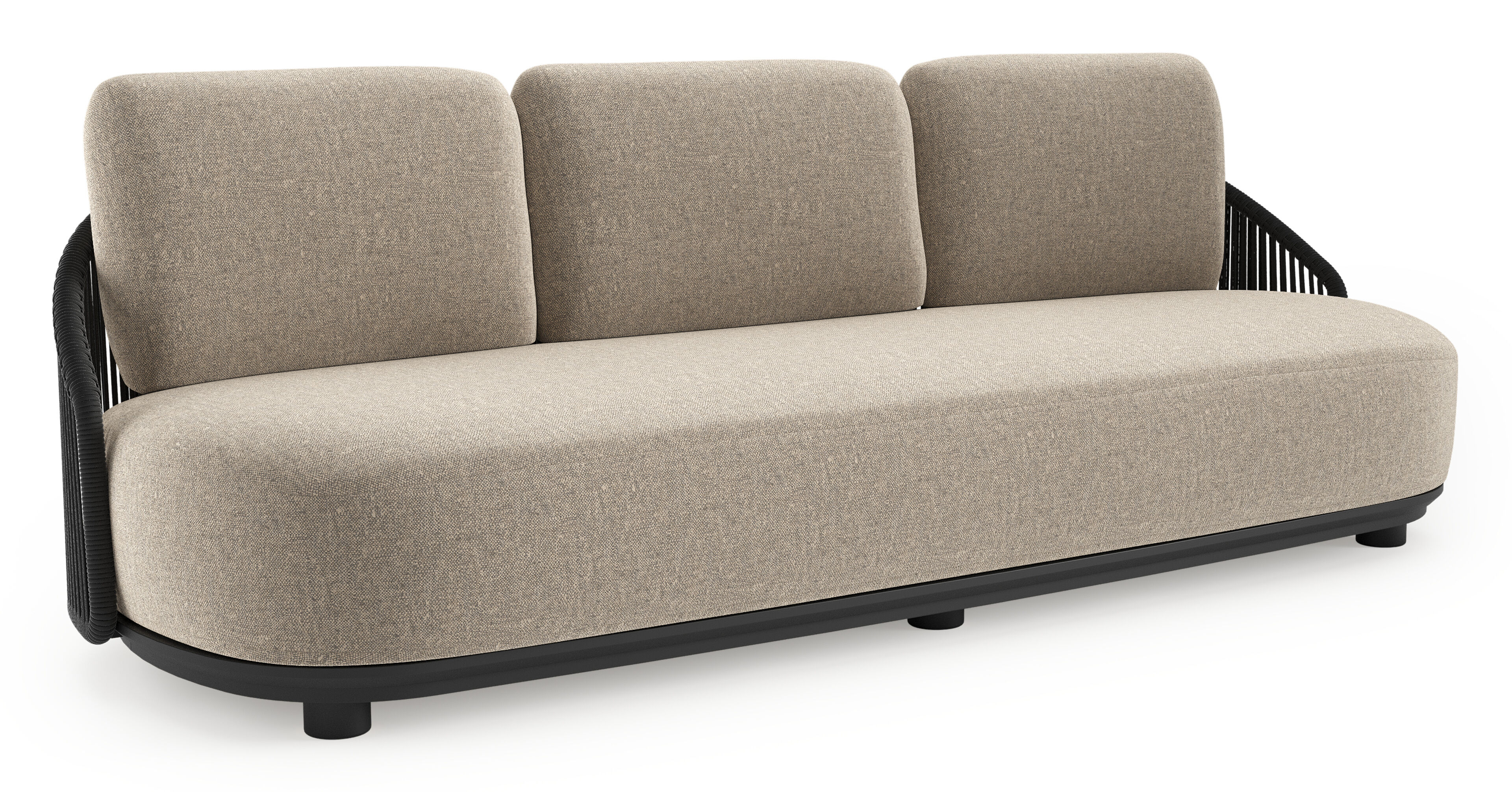 Vadelo loungebank in zwart aluminium en zwart verticaal geweven ronde rope met chartres pewter all weather sunbrella® luxe kussen
