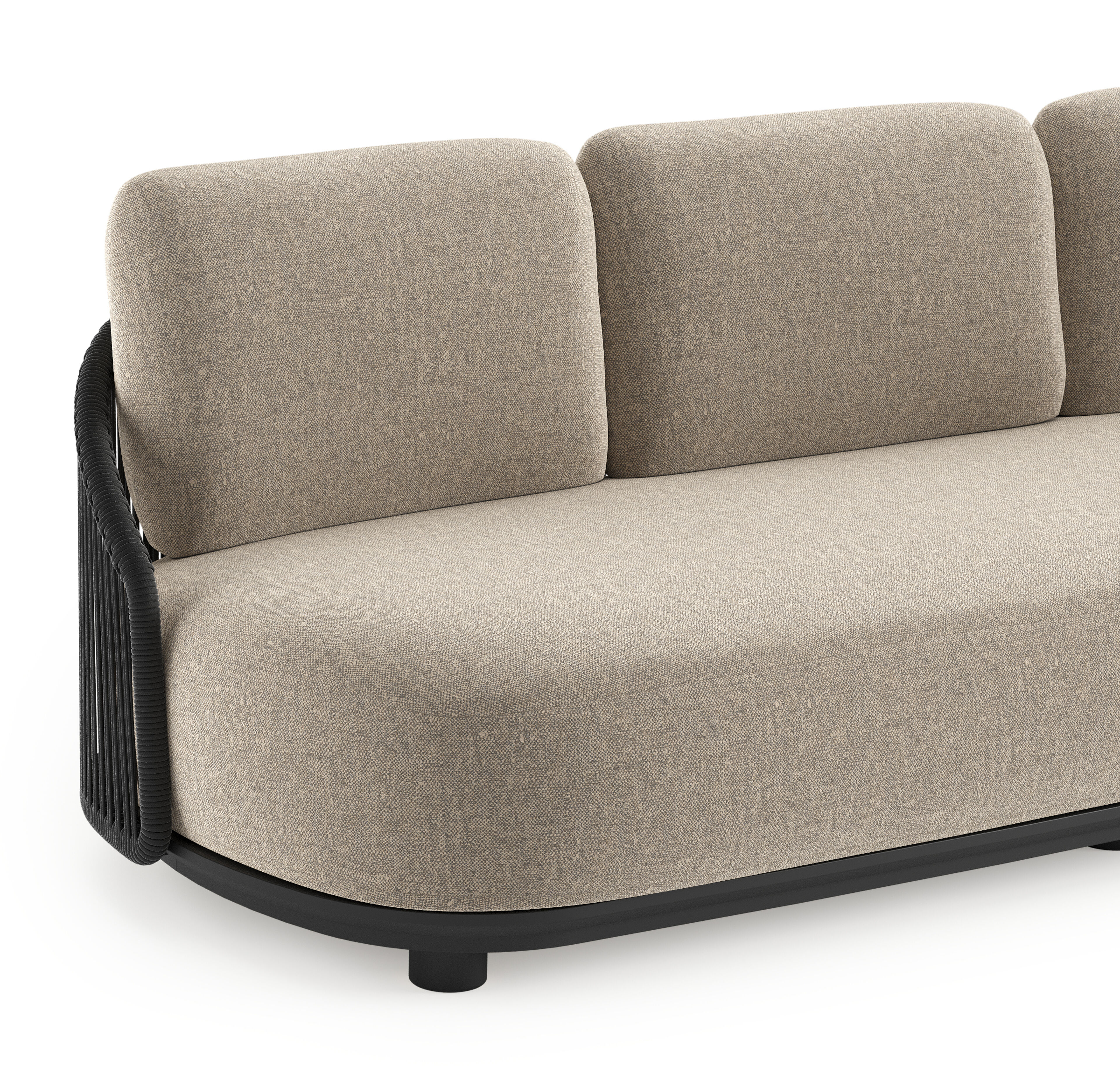 Vadelo loungebank in zwart aluminium en zwart verticaal geweven ronde rope met chartres pewter all weather sunbrella® luxe kussen