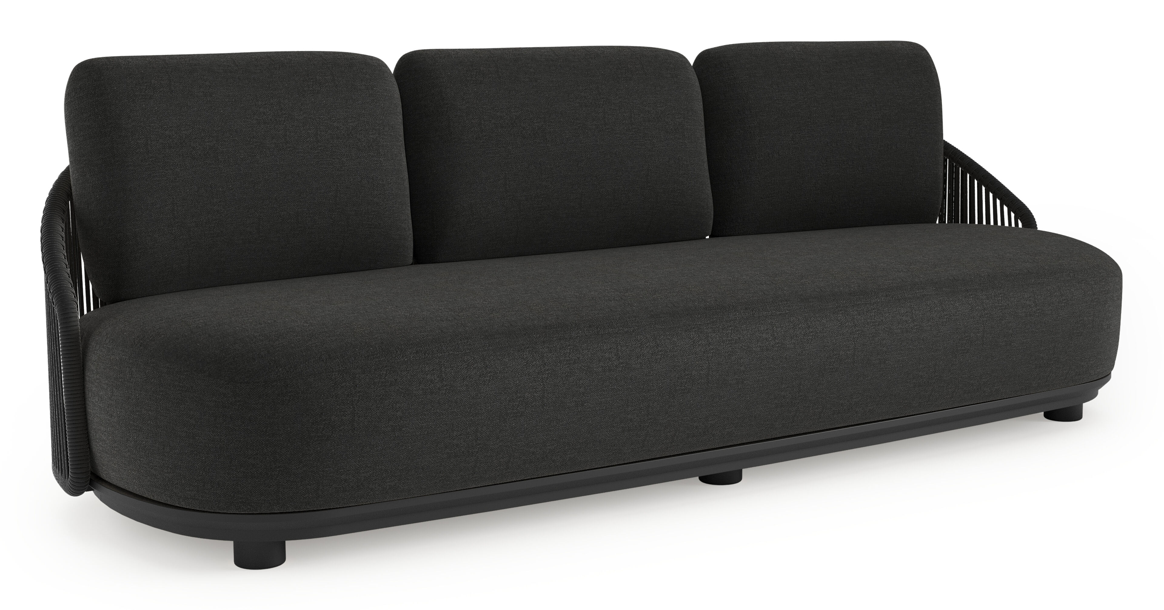 Canapé de jardin Vadelo en aluminium noir et corde ronde tissée verticalement noir et coussins en all weather sunbrella® luxe chartres sooty