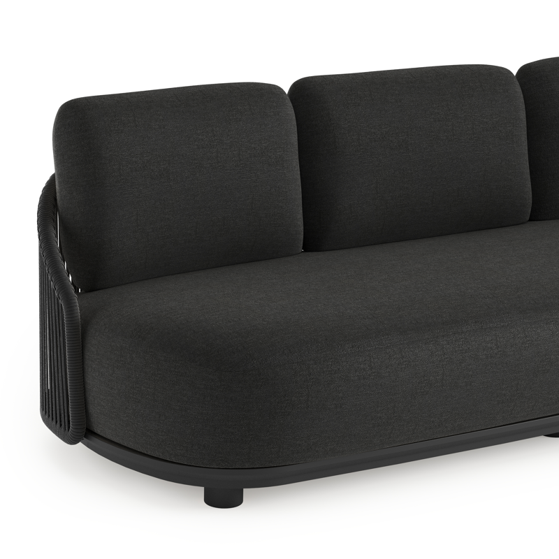Vadelo loungebank in zwart aluminium en zwart verticaal geweven ronde rope met chartres sooty all weather sunbrella® luxe kussen