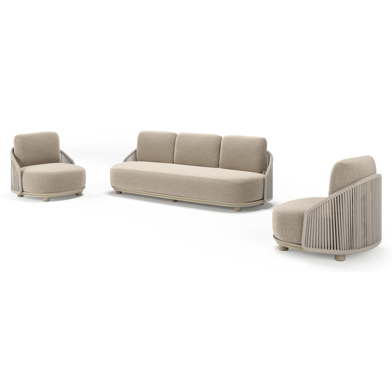 Salon de jardin Vadelo en aluminium beige et corde ronde tissée verticalement beige et coussins en all weather sunbrella® luxe chartres pewter