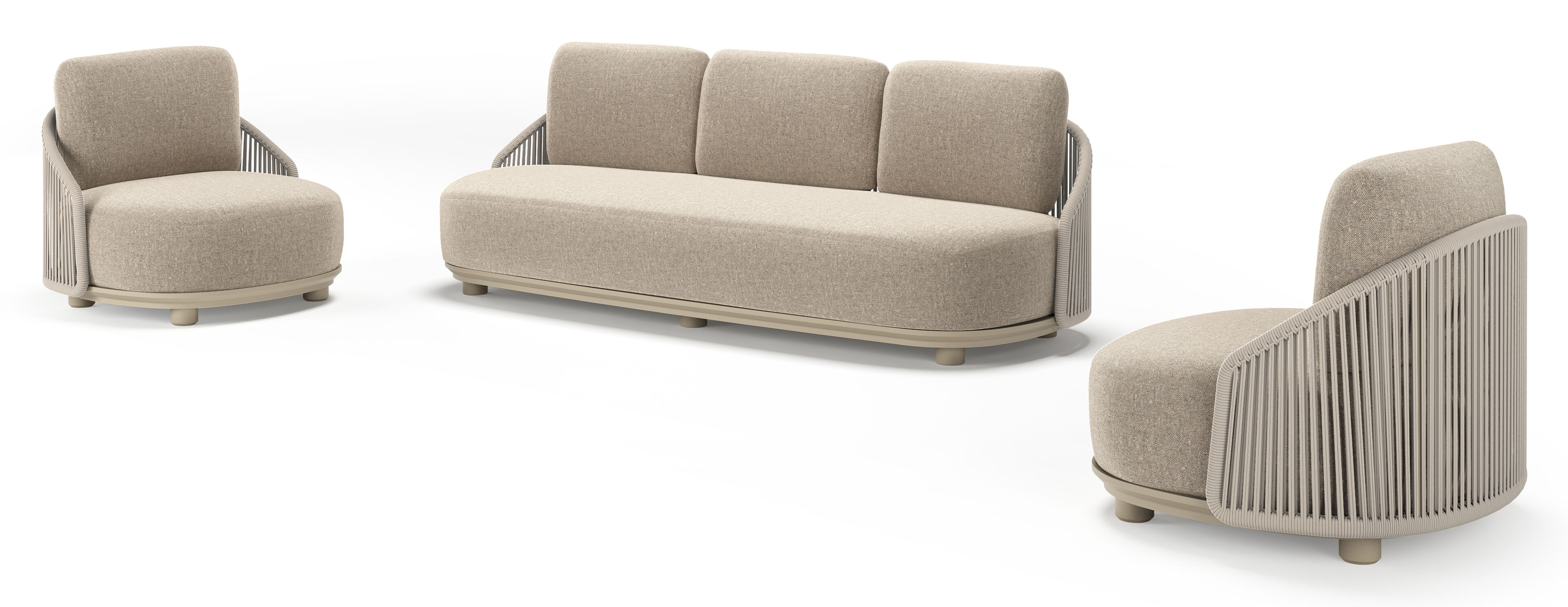 Salon de jardin Vadelo en aluminium beige et corde ronde tissée verticalement beige et coussins en all weather sunbrella® luxe chartres pewter