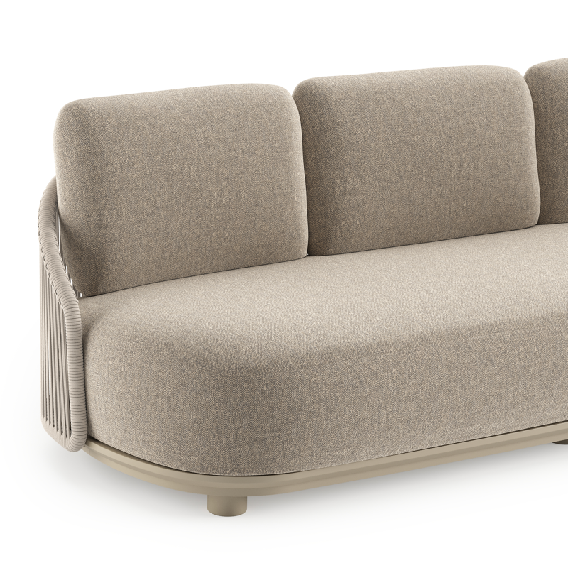 Salon de jardin Vadelo en aluminium beige et corde ronde tissée verticalement beige et coussins en all weather sunbrella® luxe chartres pewter