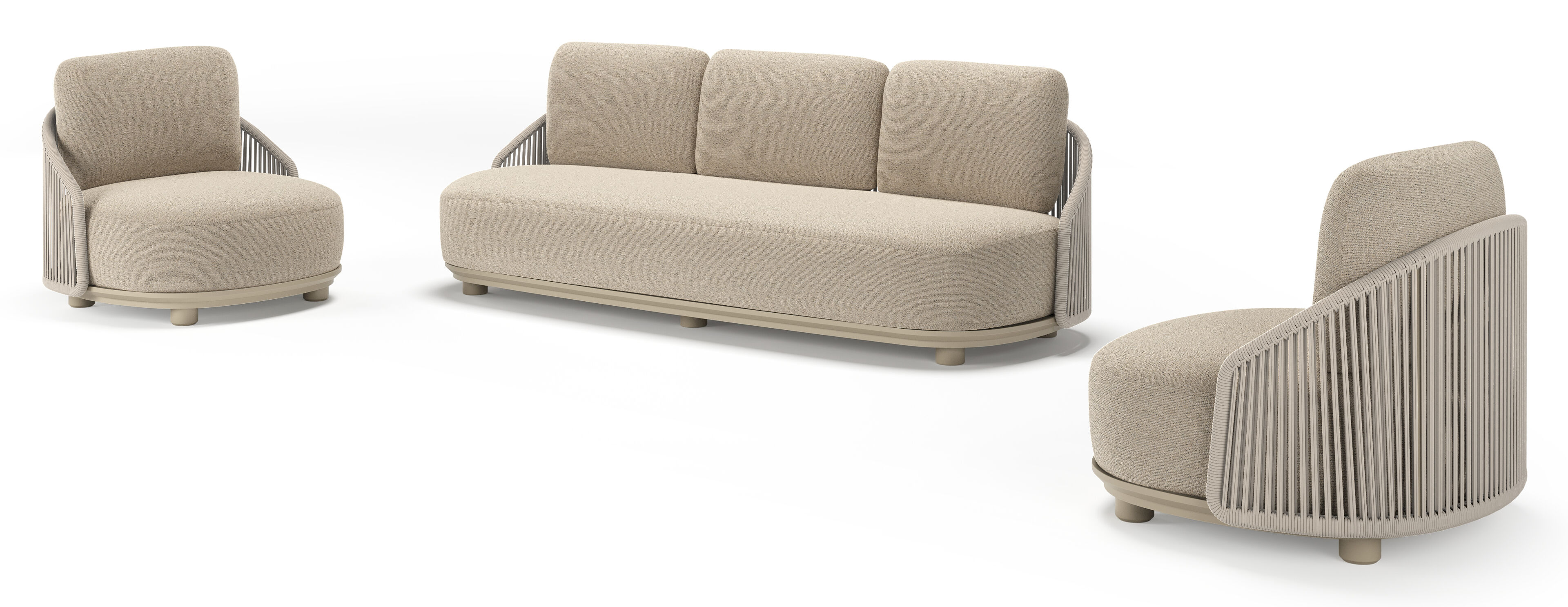 Salon de jardin Vadelo en aluminium beige et corde ronde tissée verticalement beige et coussins en all weather cosytica marbella beige
