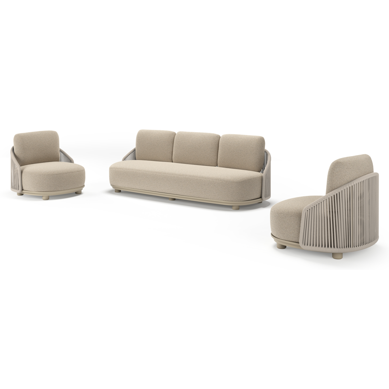 Vadelo loungeset in beige aluminium en beige verticaal geweven ronde rope met marbella beige all weather cosytica kussen