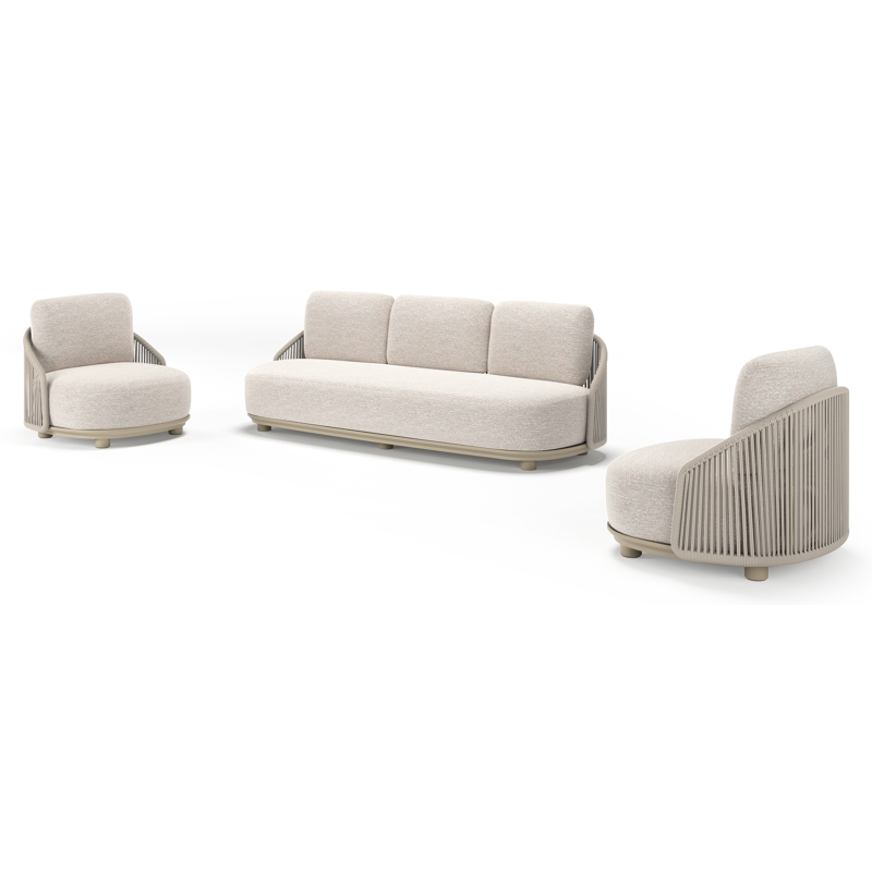 Salon de jardin Vadelo en aluminium beige et corde ronde tissée verticalement beige et coussins en all weather sunbrella® luxe tundra sand