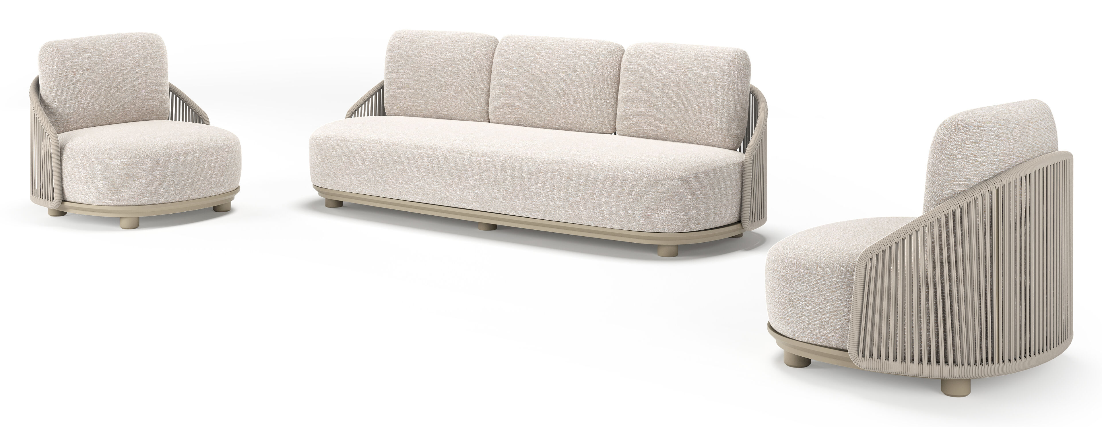 Salon de jardin Vadelo en aluminium beige et corde ronde tissée verticalement beige et coussins en all weather sunbrella® luxe tundra sand