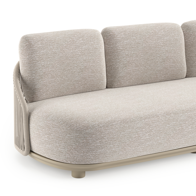 Salon de jardin Vadelo en aluminium beige et corde ronde tissée verticalement beige et coussins en all weather sunbrella® luxe tundra sand