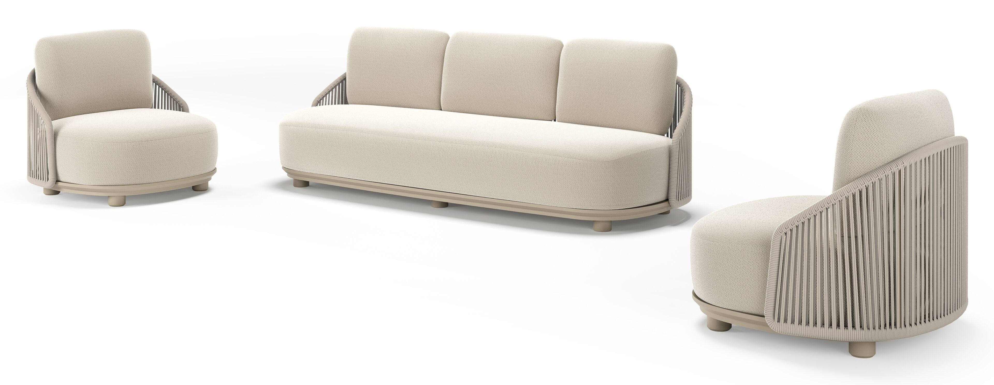 Salon de jardin Vadelo en aluminium beige et corde ronde tissée verticalement beige et coussins en all weather sunbrella® luxe lopi marble