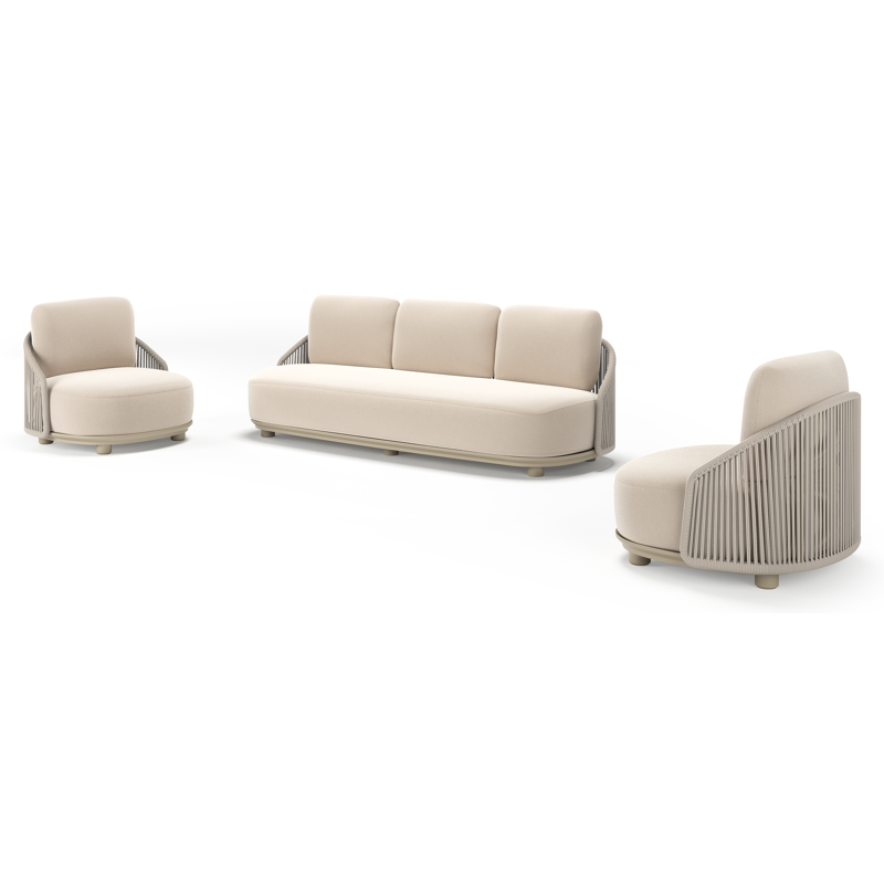Salon de jardin Vadelo en aluminium beige et corde ronde tissée verticalement beige et coussins en all weather sunbrella® luxe lopi antique