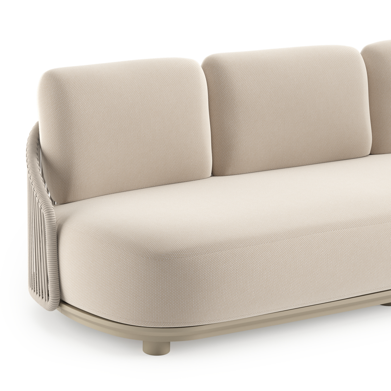 Salon de jardin Vadelo en aluminium beige et corde ronde tissée verticalement beige et coussins en all weather sunbrella® luxe lopi antique