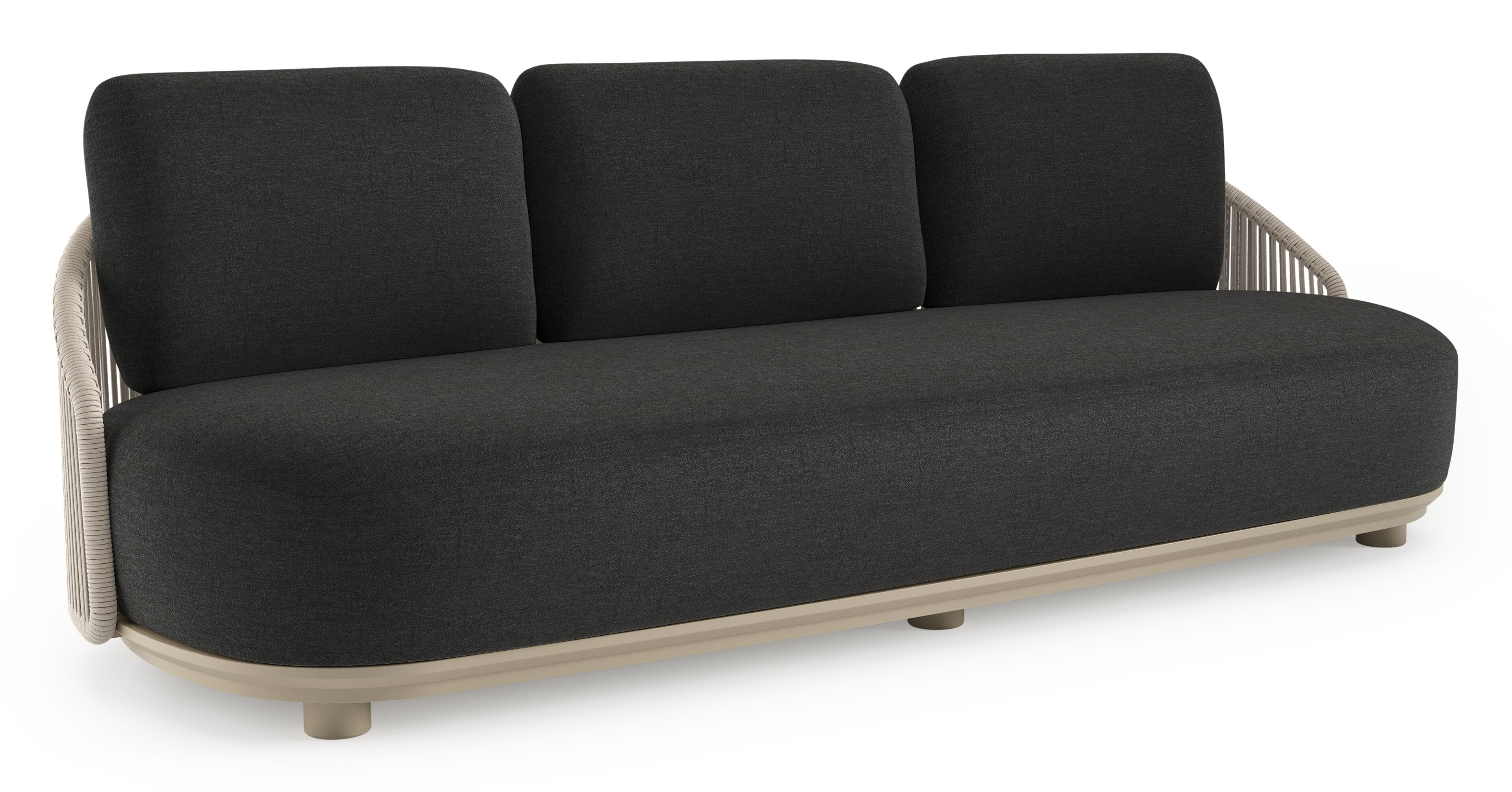 Canapé de jardin Vadelo en aluminium beige et corde ronde tissée verticalement beige et coussins en all weather sunbrella® luxe chartres sooty