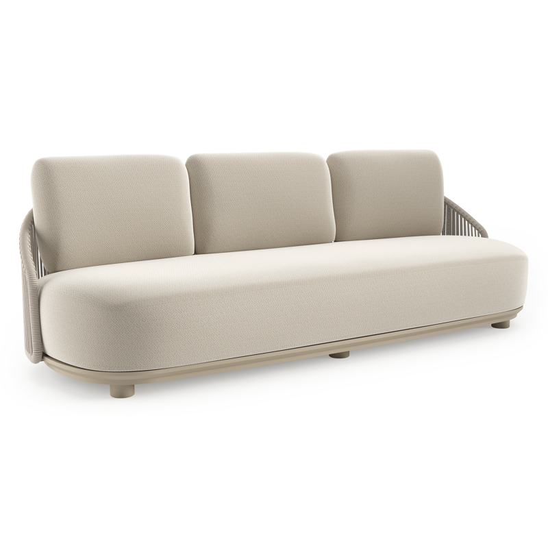 Canapé de jardin Vadelo en aluminium beige et corde ronde tissée verticalement beige et coussins en all weather sunbrella® luxe lopi marble