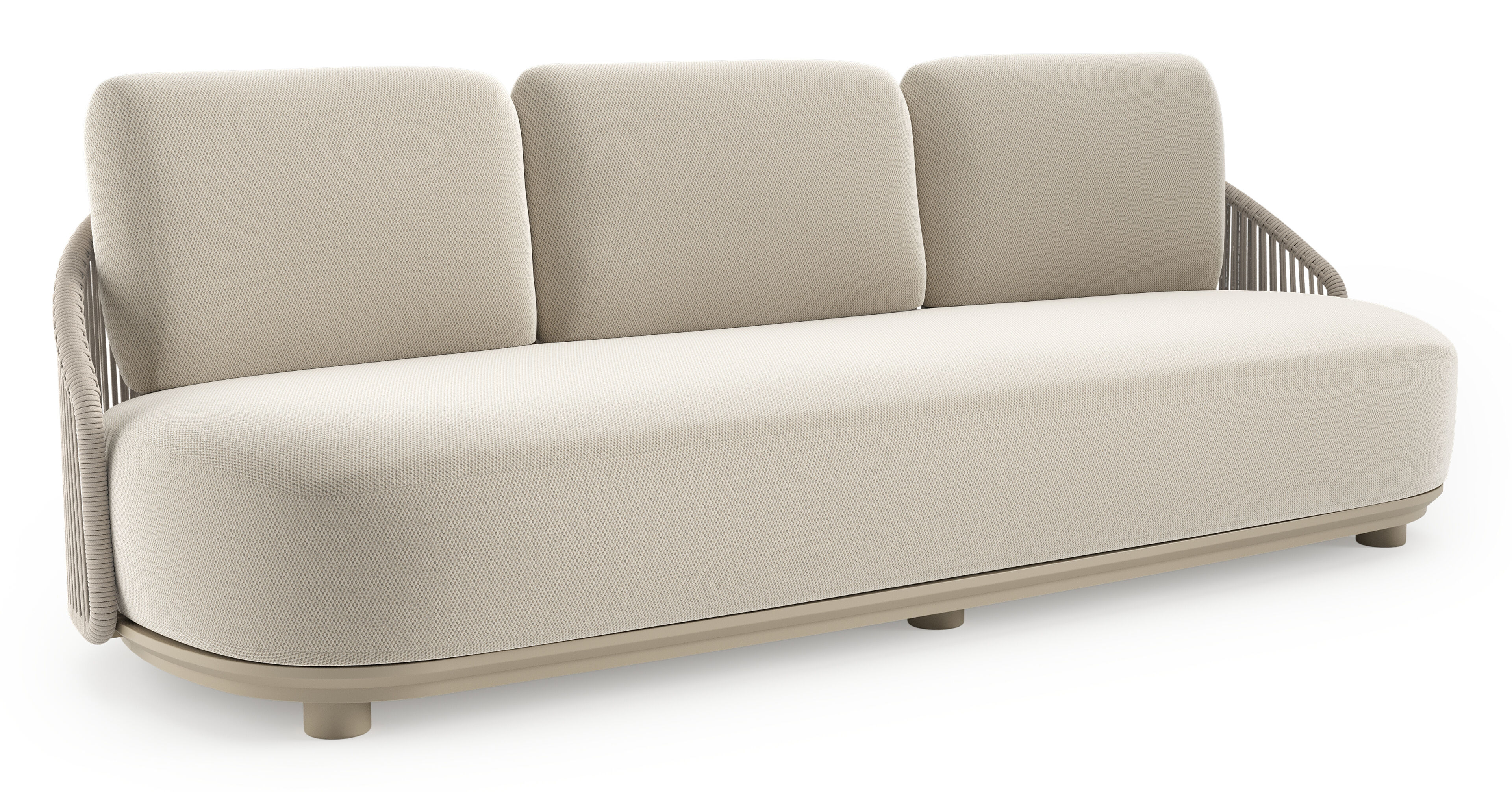 Canapé de jardin Vadelo en aluminium beige et corde ronde tissée verticalement beige et coussins en all weather sunbrella® luxe lopi marble