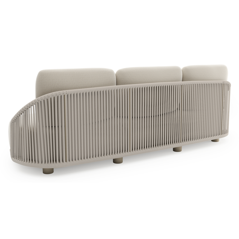 Canapé de jardin Vadelo en aluminium beige et corde ronde tissée verticalement beige et coussins en all weather sunbrella® luxe lopi marble