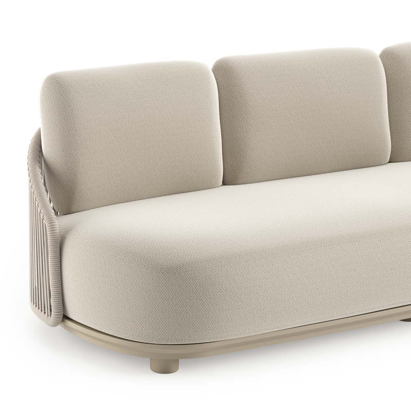 Canapé de jardin Vadelo en aluminium beige et corde ronde tissée verticalement beige et coussins en all weather sunbrella® luxe lopi marble
