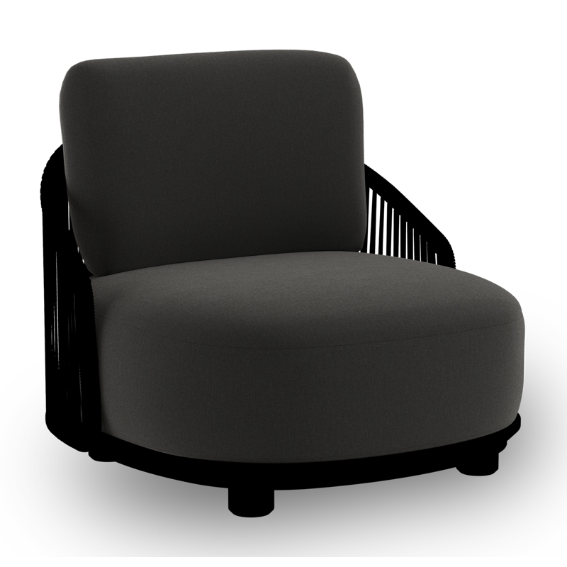 Vadelo loungestoel in zwart aluminium en zwart verticaal geweven ronde rope met natte sooty all weather sunbrella® luxe kussen