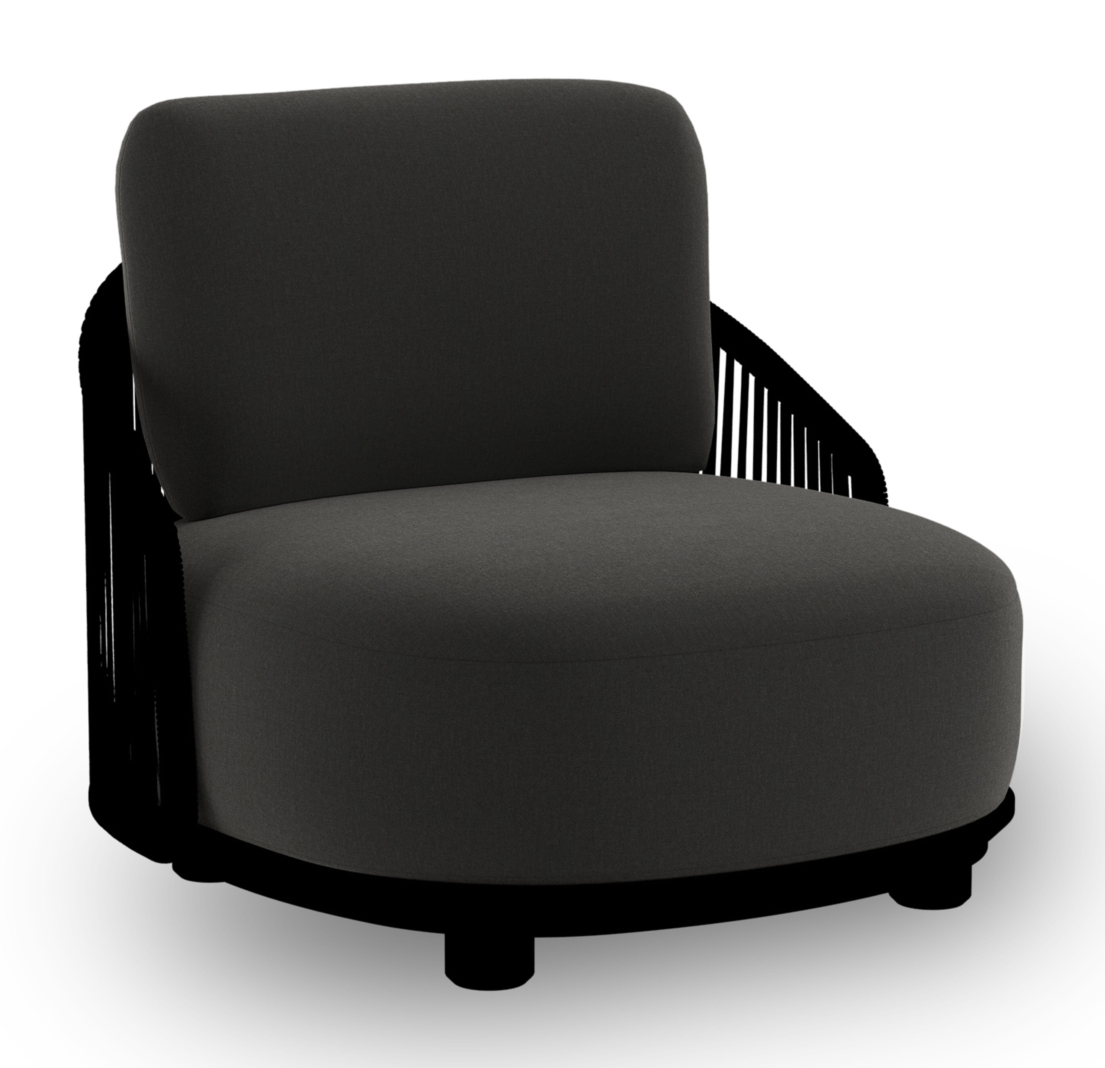 Fauteuil de jardin Vadelo en aluminium noir et corde ronde tissée verticalement noir et coussins en all weather sunbrella® luxe natte sooty