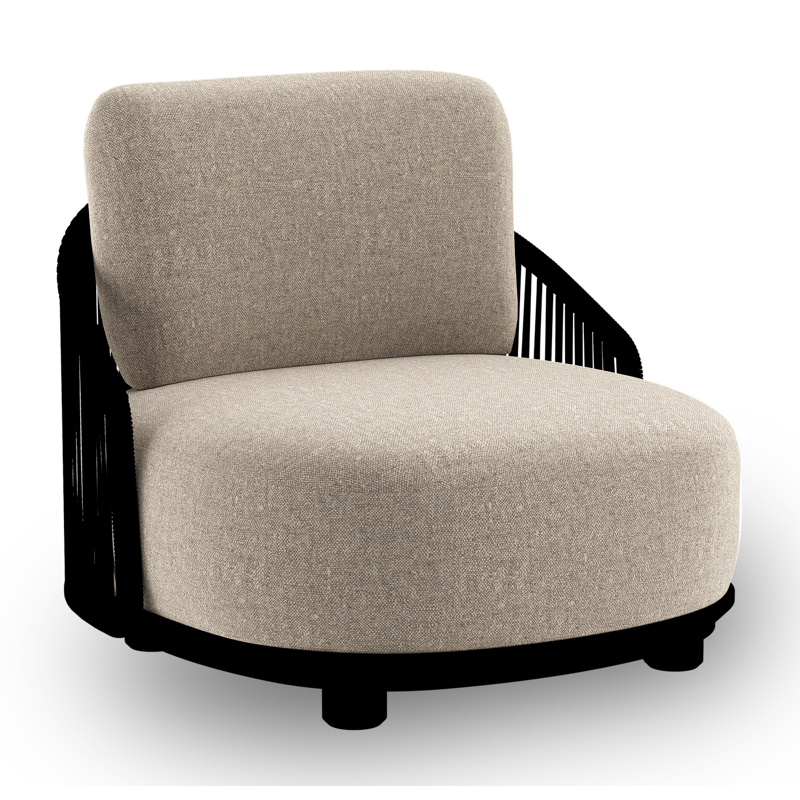 Vadelo loungestoel in zwart aluminium en zwart verticaal geweven ronde rope met chartres pewter all weather sunbrella® luxe kussen