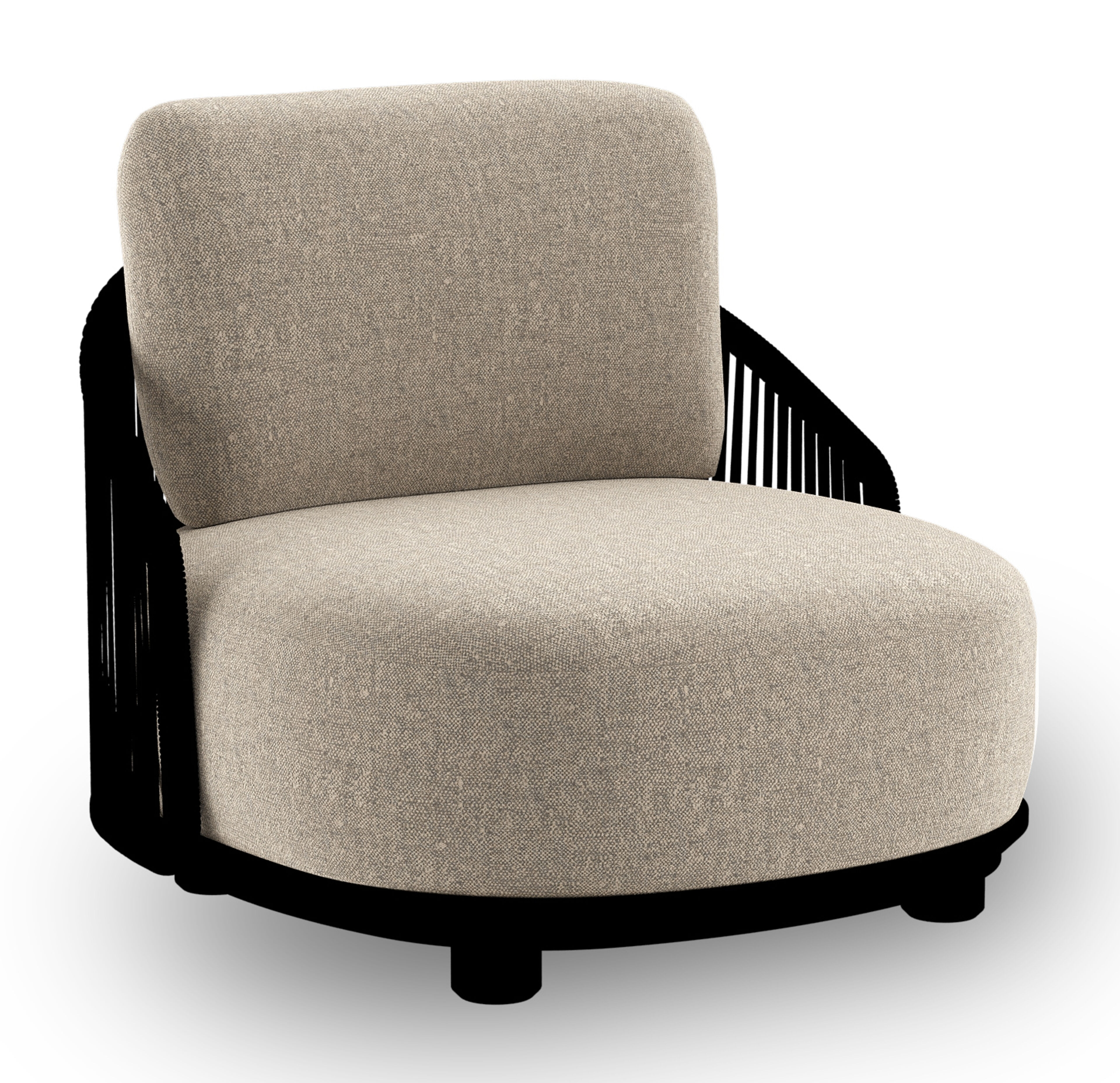 Fauteuil de jardin Vadelo en aluminium noir et corde ronde tissée verticalement noir et coussins en all weather sunbrella® luxe chartres pewter