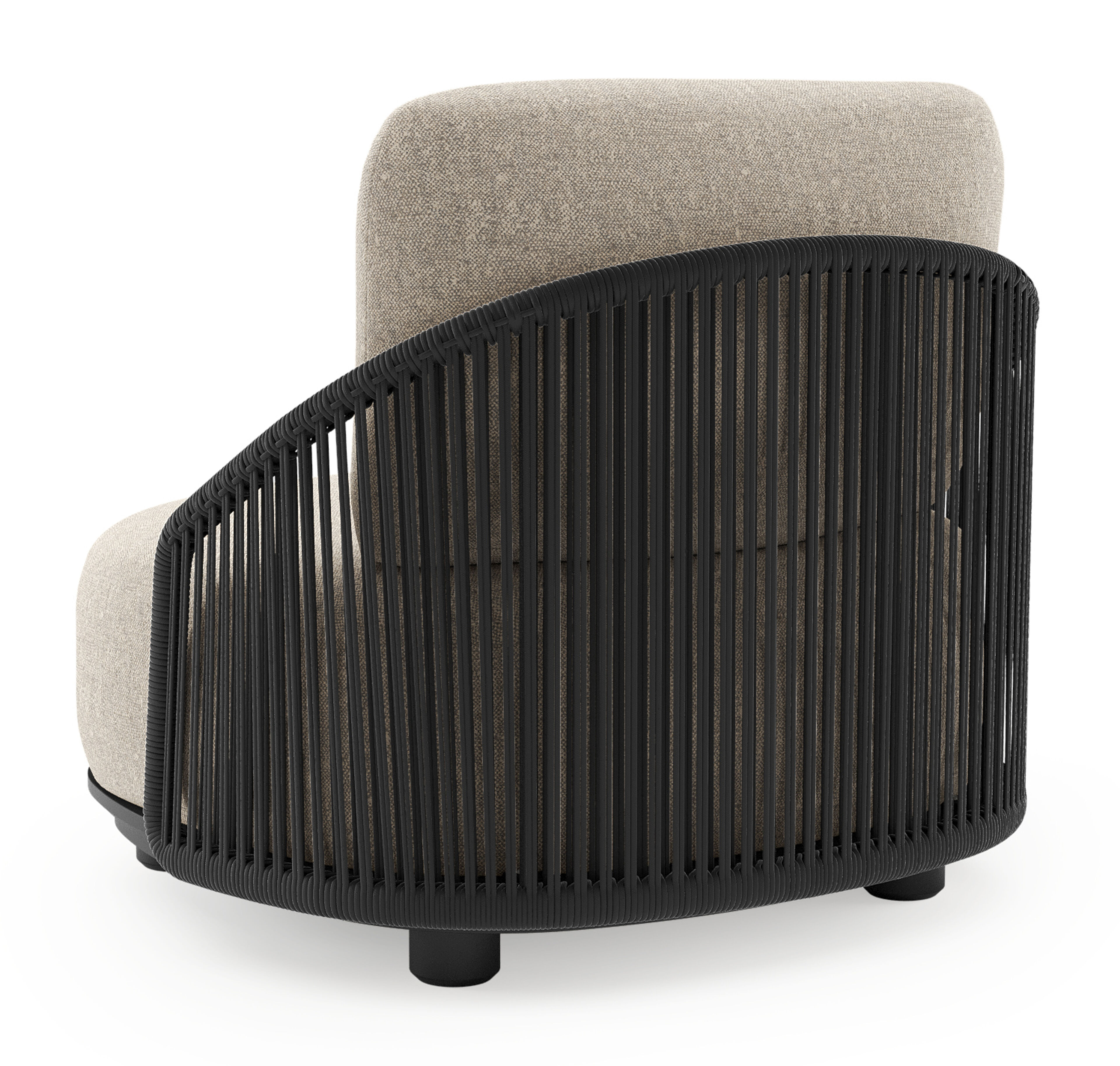 Fauteuil de jardin Vadelo en aluminium noir et corde ronde tissée verticalement noir et coussins en all weather sunbrella® luxe chartres pewter