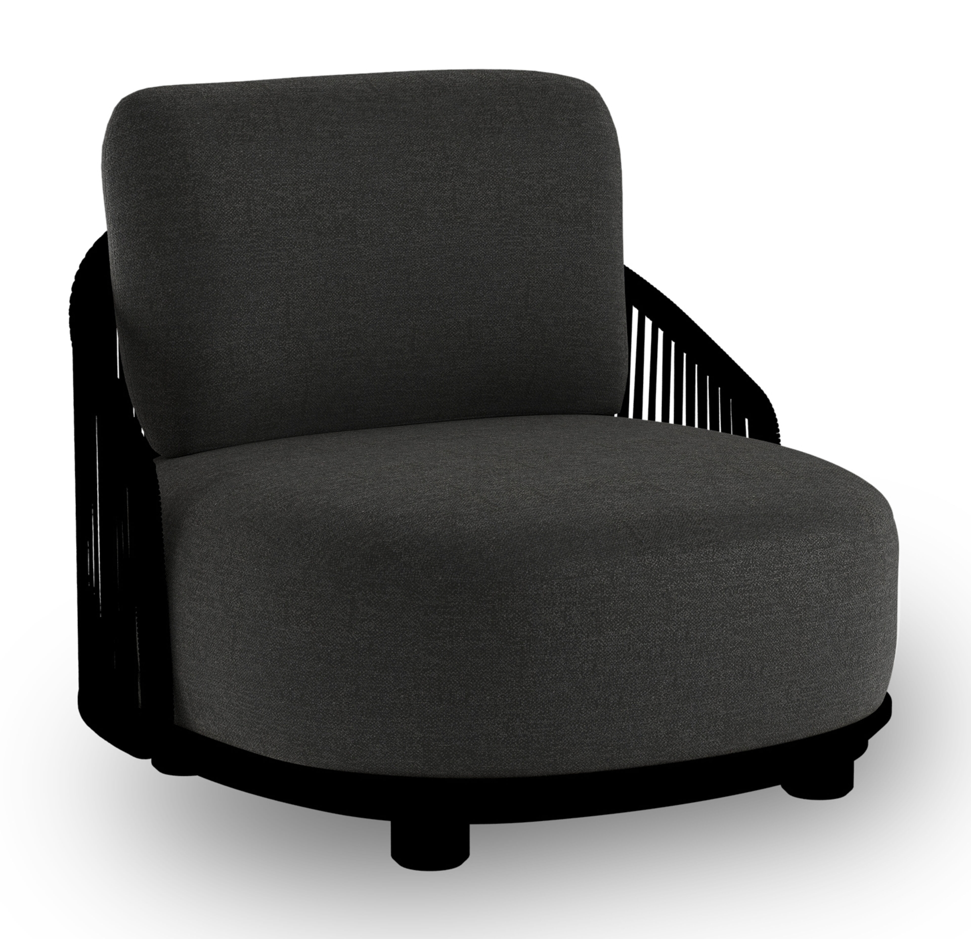 Fauteuil de jardin Vadelo en aluminium noir et corde ronde tissée verticalement noir et coussins en all weather sunbrella® luxe chartres sooty