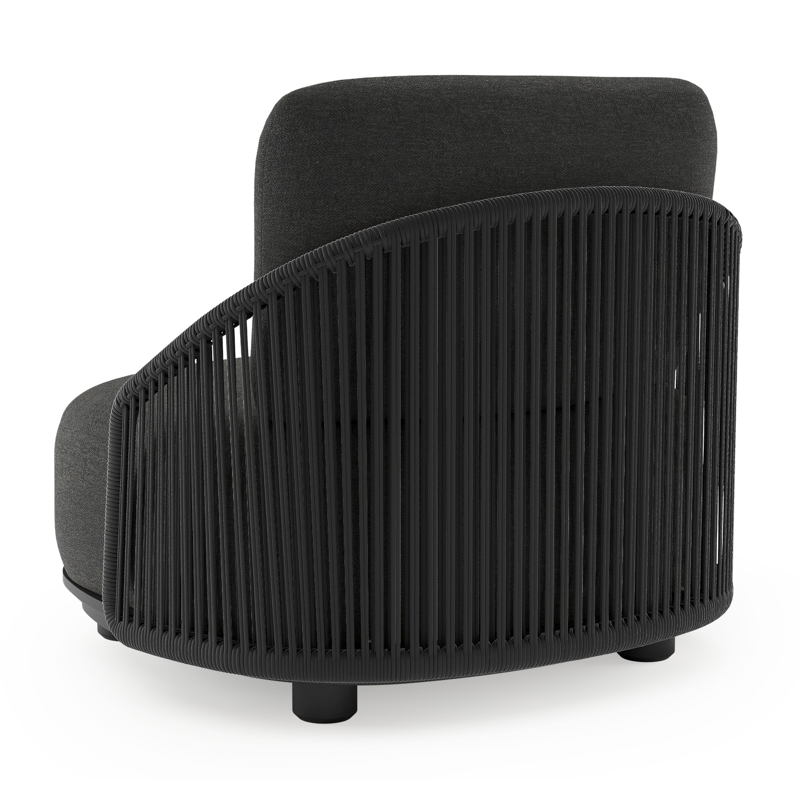 Fauteuil de jardin Vadelo en aluminium noir et corde ronde tissée verticalement noir et coussins en all weather sunbrella® luxe chartres sooty