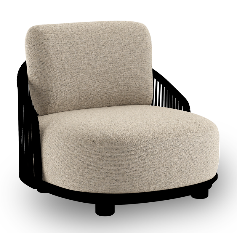 Vadelo loungestoel in zwart aluminium en zwart verticaal geweven ronde rope met marbella beige all weather cosytica kussen