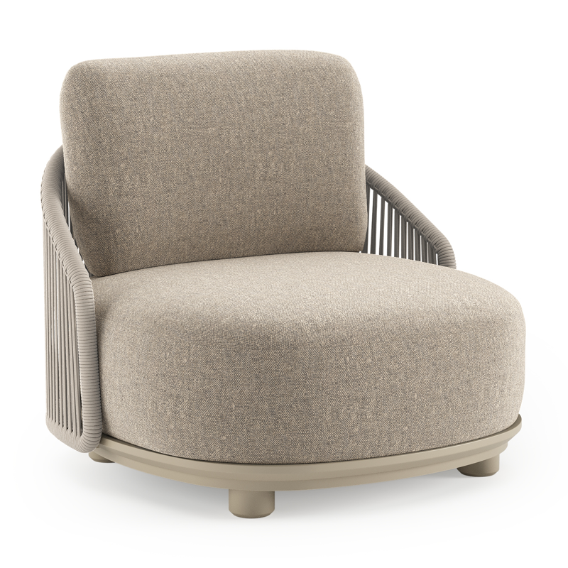 Vadelo loungestoel in beige aluminium en beige verticaal geweven ronde rope met chartres pewter all weather sunbrella® luxe kussen