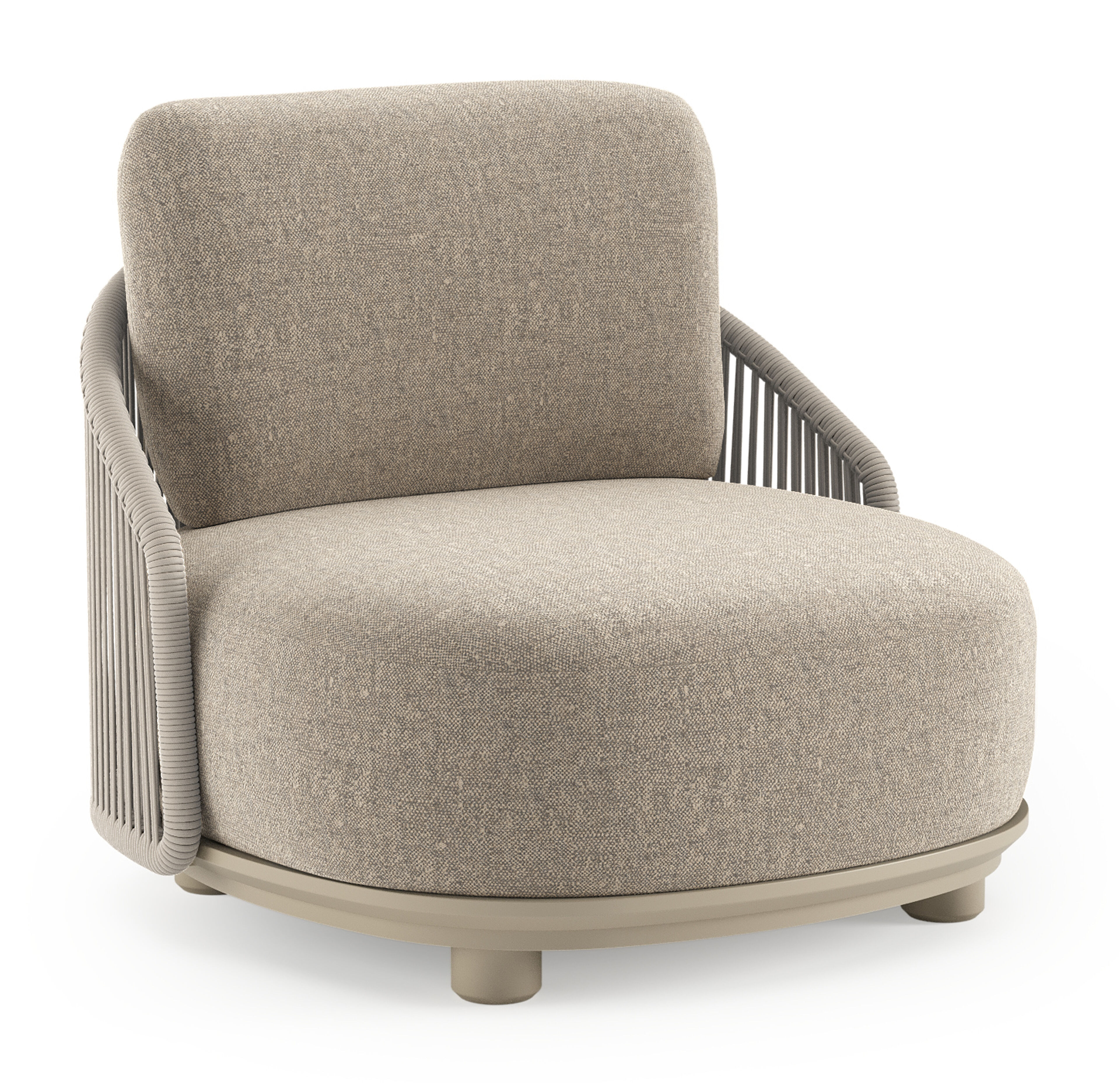 Fauteuil de jardin Vadelo en aluminium beige et corde ronde tissée verticalement beige et coussins en all weather sunbrella® luxe chartres pewter