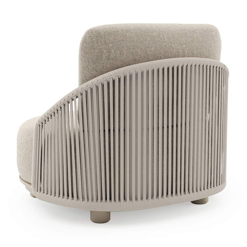 Vadelo loungestoel in beige aluminium en beige verticaal geweven ronde rope met chartres pewter all weather sunbrella® luxe kussen