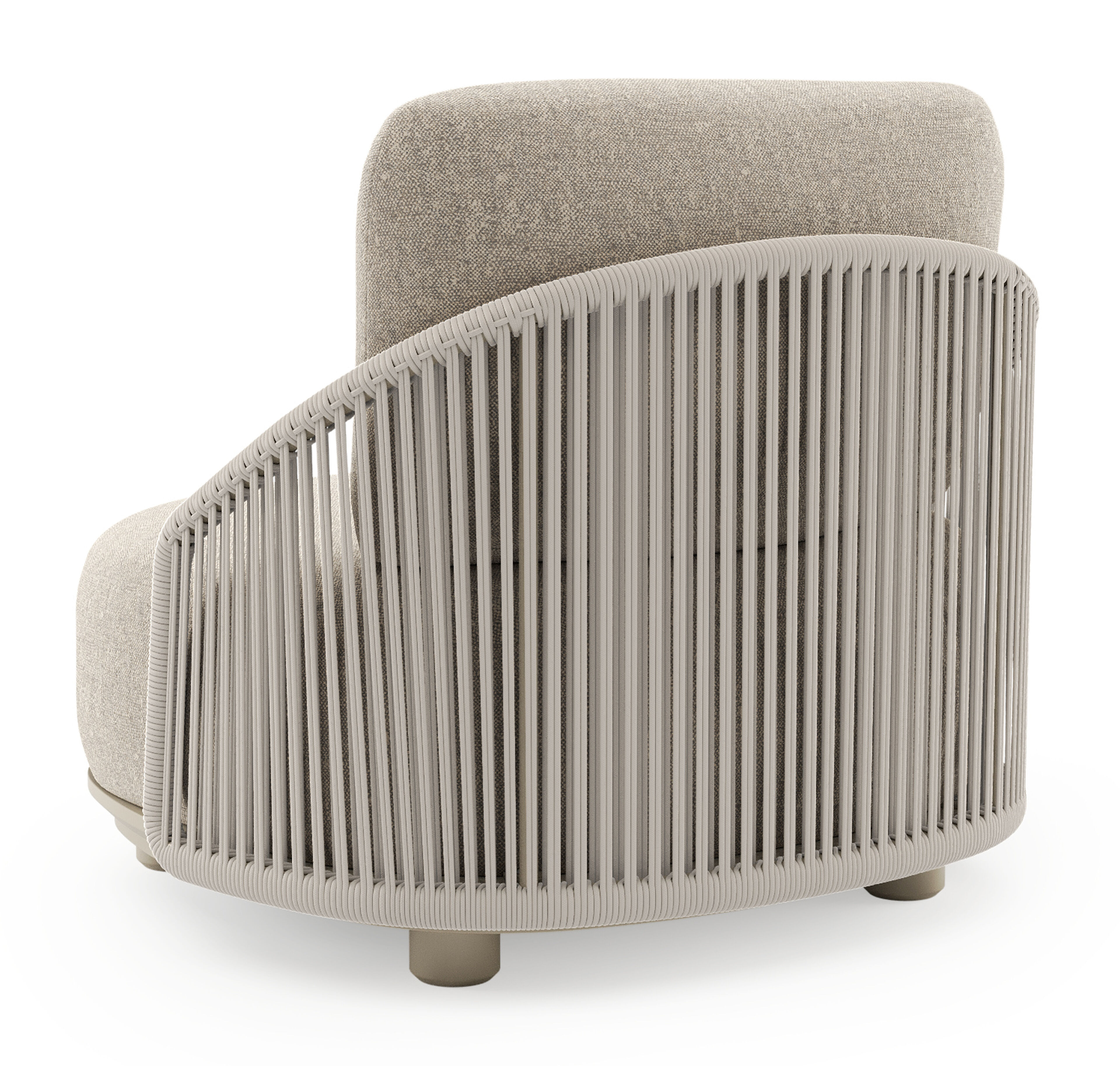 Fauteuil de jardin Vadelo en aluminium beige et corde ronde tissée verticalement beige et coussins en all weather sunbrella® luxe chartres pewter
