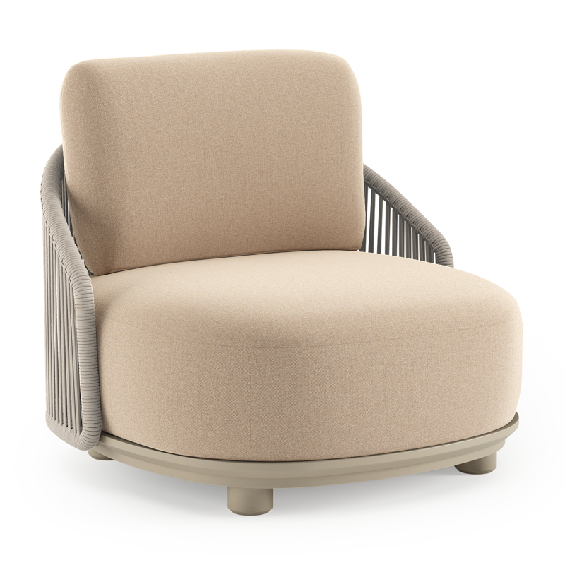 Vadelo loungestoel in beige aluminium en beige verticaal geweven ronde rope met natte heather beige all weather sunbrella® luxe kussen